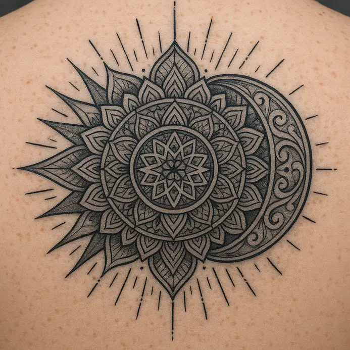 A large geometric mandala design split into a sun and moon across two connected back pieces.