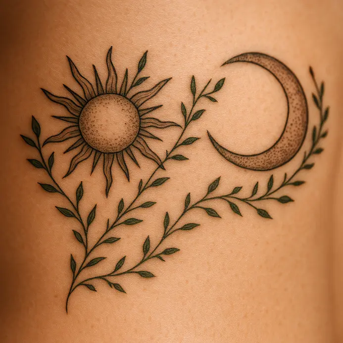 Matching boho style sun and moon tattoos on ribcages, intertwined with delicate floral vines.