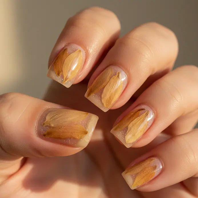 A real, dried pressed sunflower petal encapsulated under a thick layer of clear gel polish.