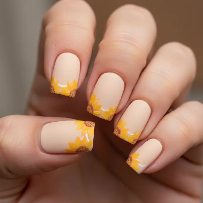 A classic French manicure tip adorned with a matte yellow sunflower petal design.
