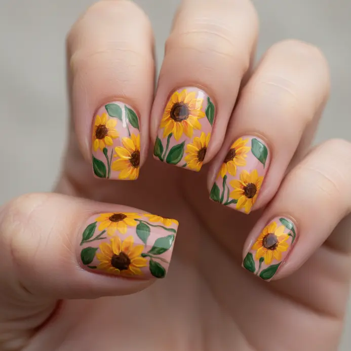 A detailed, hand-painted scene of multiple sunflowers blooming across a soft nude nail.