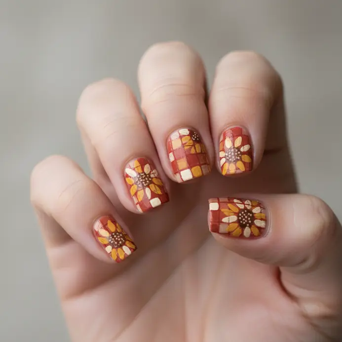 A geometric mosaic pattern incorporating small sunflowers on a cream-colored nail.