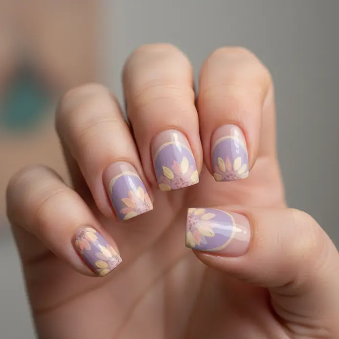 A soft pastel sunflower design placed within the half-moon cuticle area of a pale pink nail.