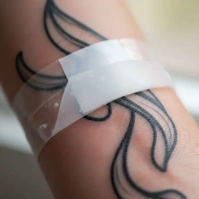 Close-up of fingers carefully removing a sterile adhesive bandage from a new tattoo on an arm.