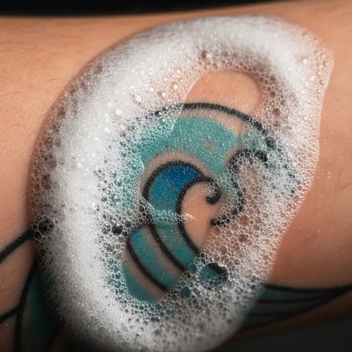 Fingertips gently washing a forearm tattoo under a stream of lukewarm water with mild soap.