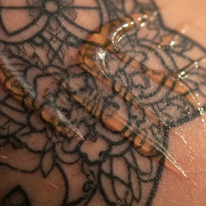 A fingertip applying a minimal amount of clear tattoo aftercare ointment in a thin layer.