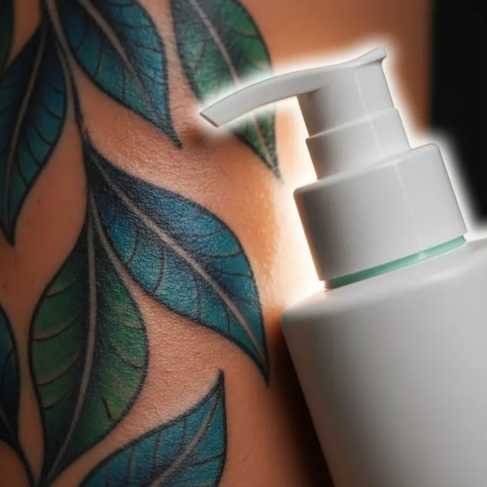 A pump bottle of fragrance-free moisturizing lotion for use on a tattoo in the later healing stages.