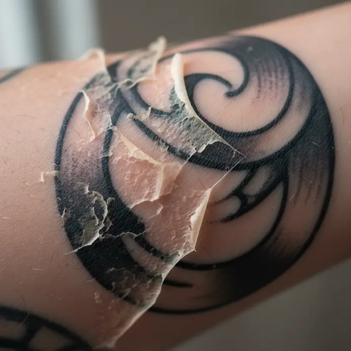 A visual reminder to keep hands away from a tattoo that is naturally flaking and peeling.