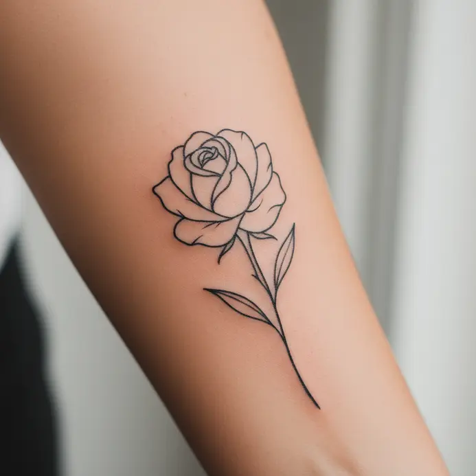A delicate single rose outline tattoo created with a fine line technique on a forearm.