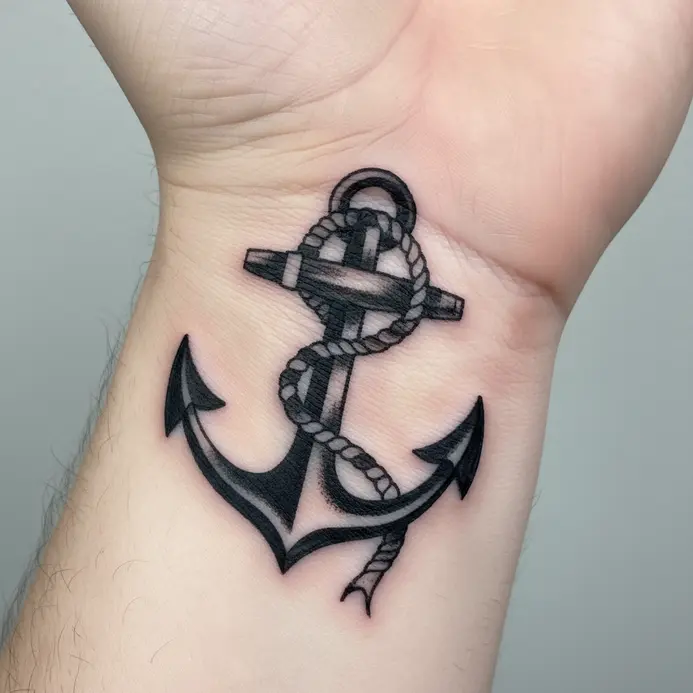 A small, classic nautical anchor tattoo in black ink on the inner wrist.
