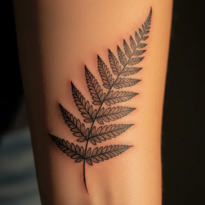 A realistic fern leaf tattoo with delicate veins and fronds on the forearm.