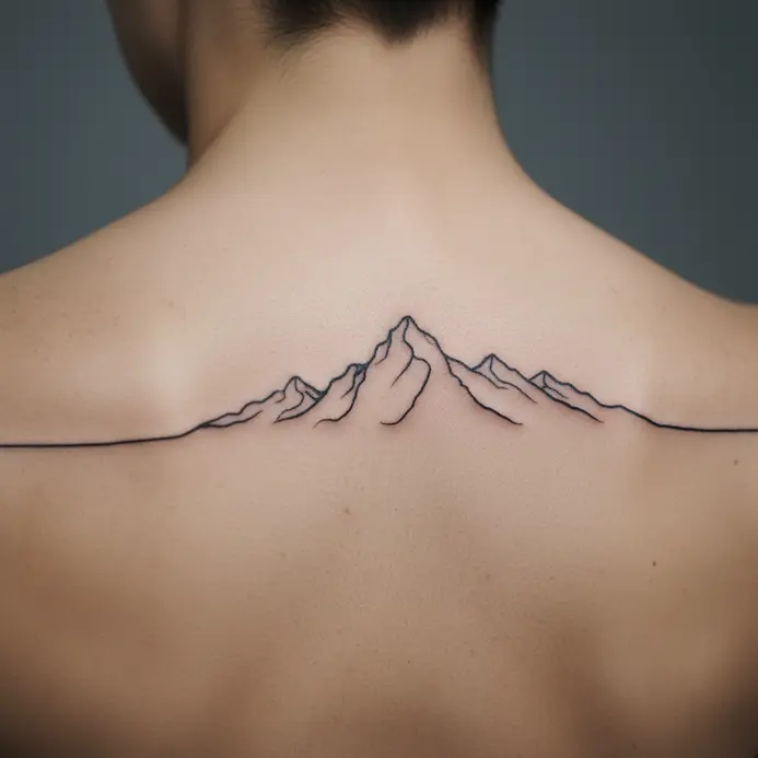 A continuous line drawing of a mountain range tattooed horizontally across the upper back.