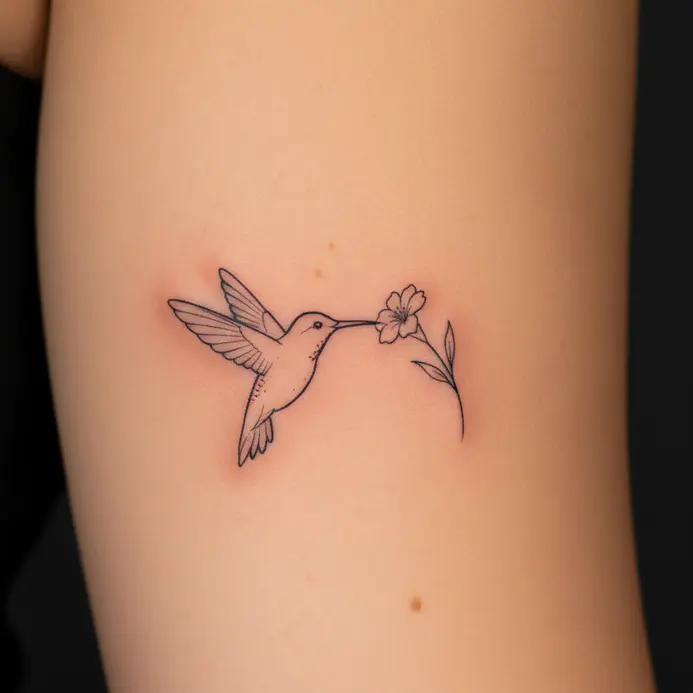 A tiny outline tattoo of a hummingbird in flight on the inner bicep.