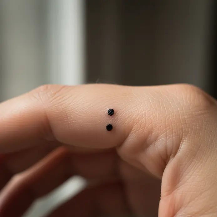 A meaningful semicolon symbol tattoo in black ink on the side of a finger.