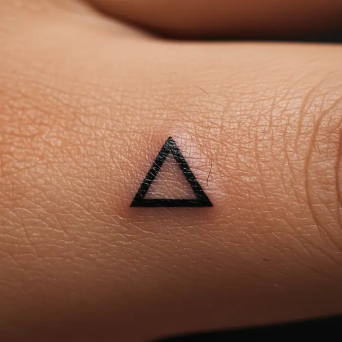A minimalist black triangle tattoo placed on the side of a finger.