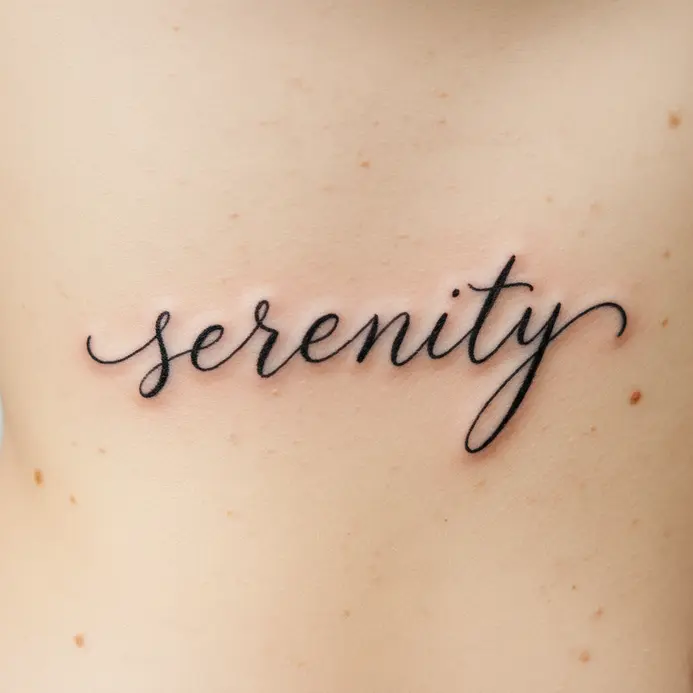 A simple script tattoo in cursive font placed along the curve of the ribs.