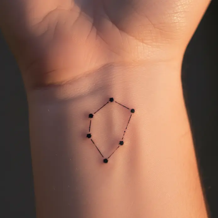 A tiny tattoo depicting a star constellation with small black dots on the inner wrist.