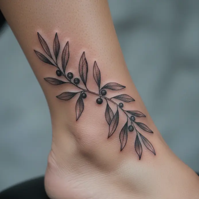 A finely detailed olive branch tattoo with leaves and berries wrapping around an ankle bone.