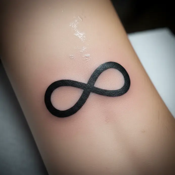 A simple, bold infinity symbol tattoo in solid black ink on the inner forearm.