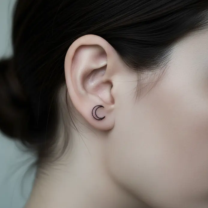 A discreet crescent moon outline tattoo placed behind the curve of an ear.