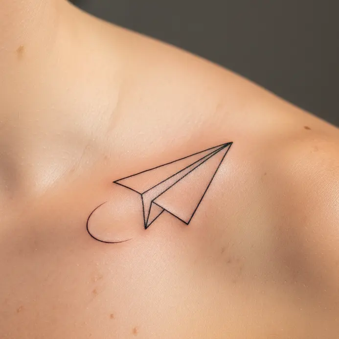 A delicate paper plane tattoo created with thin lines on the upper shoulder.