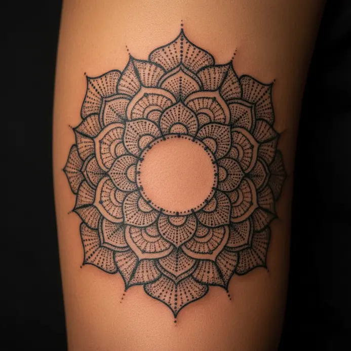 A circular mandala tattoo composed entirely of fine dotwork on the bicep area.