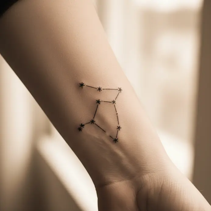 A delicate, single-needle tattoo depicting the V-shaped Taurus constellation on the inner wrist.