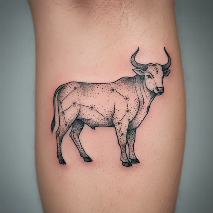 A bold, stylized tattoo of a horned bull on the calf, with the constellation pattern integrated into the animal's muscular design.