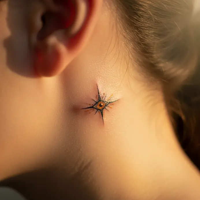 A minimalist single-needle tattoo placed behind the ear, showing the Taurus constellation with the star Aldebaran slightly enlarged.
