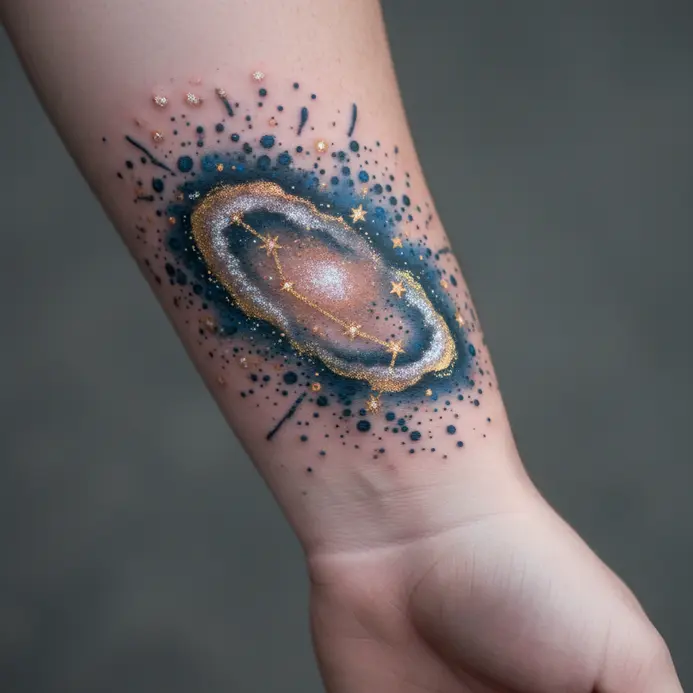 A playful tattoo featuring the Taurus constellation lines surrounded by a splatter of white and gold ink, creating a galaxy effect.