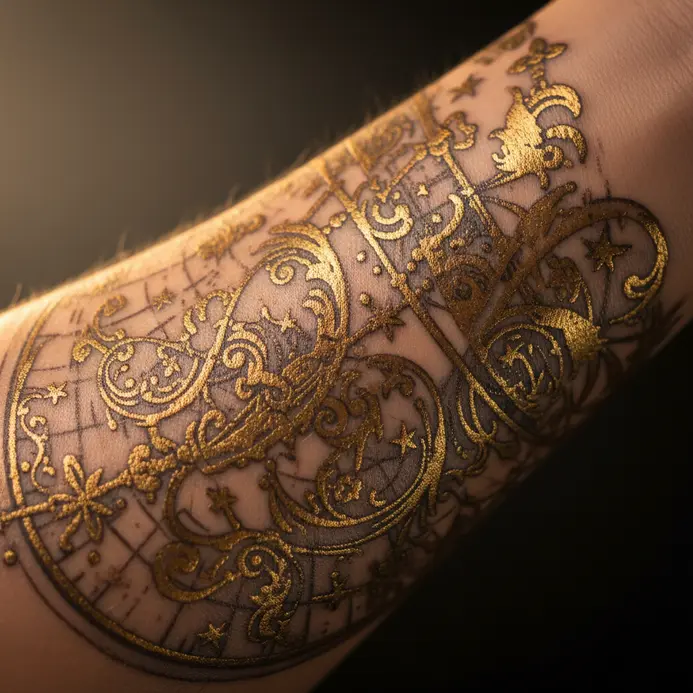 An intricate forearm tattoo depicting the Taurus constellation in a flowing, ornate style, rendered with metallic gold-hued ink.