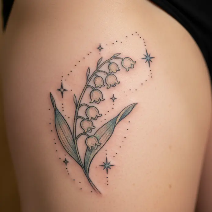 A soft, illustrative tattoo on the thigh showing sprigs of lily of the valley flowers intertwining with the Taurus constellation stars.
