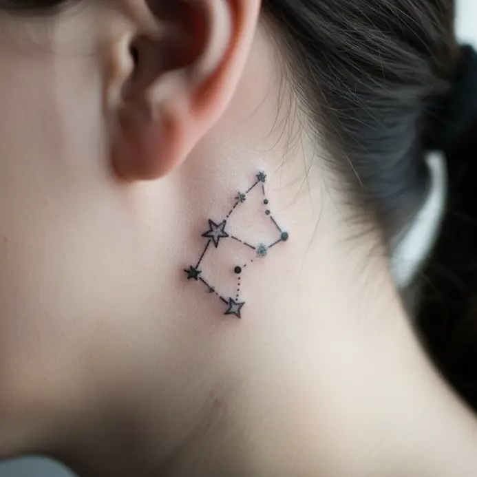 A discreet, tiny tattoo behind the ear, featuring a geometric interpretation of the Taurus constellation within a small triangle or circle.