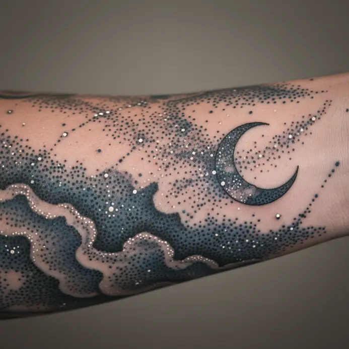 A detailed dotwork tattoo on a forearm featuring the Taurus constellation set against a field of tiny star-like dots.