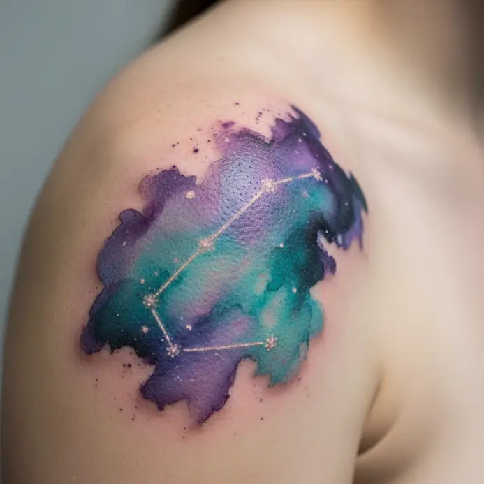 A vibrant watercolor tattoo on a shoulder, with the Taurus constellation lines emerging from soft purple and blue nebula splashes.