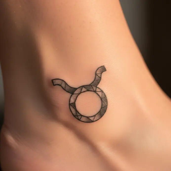 A clean, geometric tattoo on an ankle, integrating the Taurus astrological glyph within the lines of the constellation.