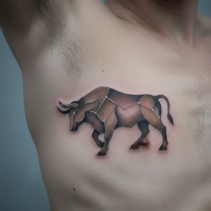 A flowing, abstract silhouette of a bull along the rib cage, with the Taurus constellation stars placed along its form.