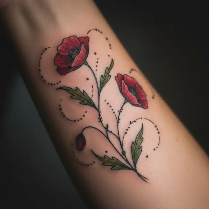 A illustrative tattoo on the inner arm featuring red poppy vines weaving around the delicate lines of the Taurus constellation.