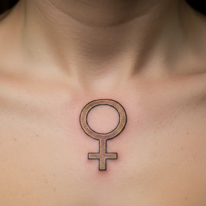 A fine-line tattoo along the clavicle bone, depicting the Venus symbol alongside a dusting of tiny stars representing the constellation.
