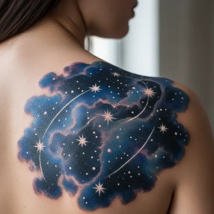 A detailed constellation tattoo across the upper back, with the Pleiades star cluster prominently featured within the Taurus formation.