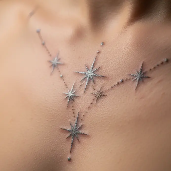 A delicate tattoo design for the sternum, where the Taurus constellation stars are connected by a fine, chain-like line.
