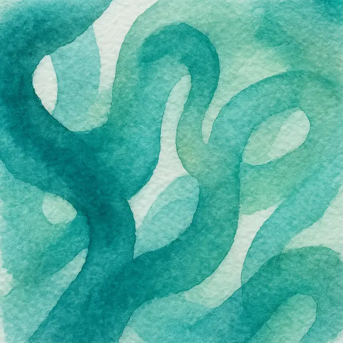 A single, connected watercolor stroke creates a flowing cursive letter.