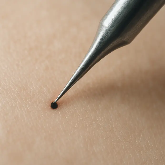 A tattoo machine needle touches the surface of skin, creating a small dot of ink.