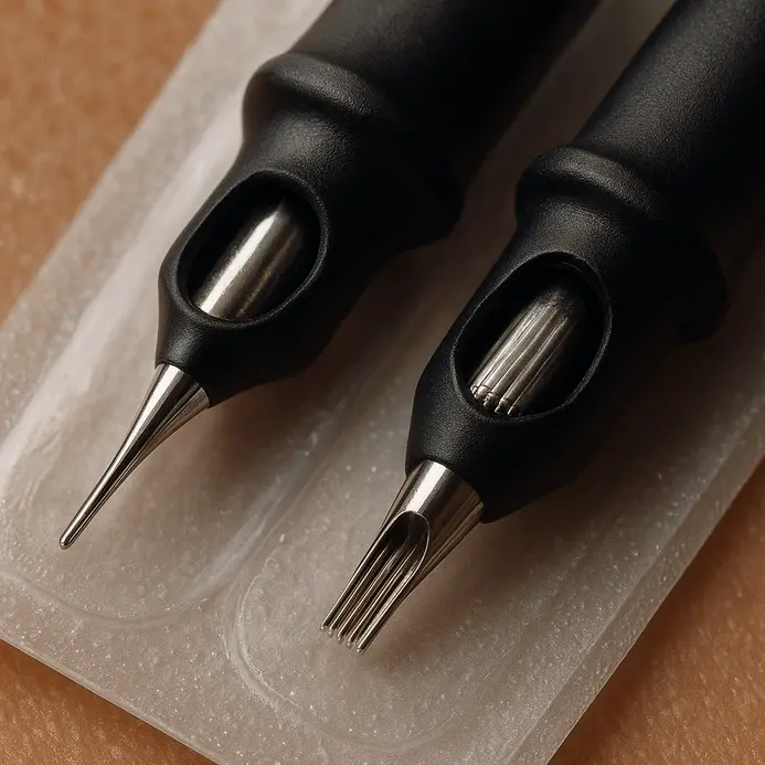 A single needle for lining and a grouped needle cluster for shading lie on a sterile surface.