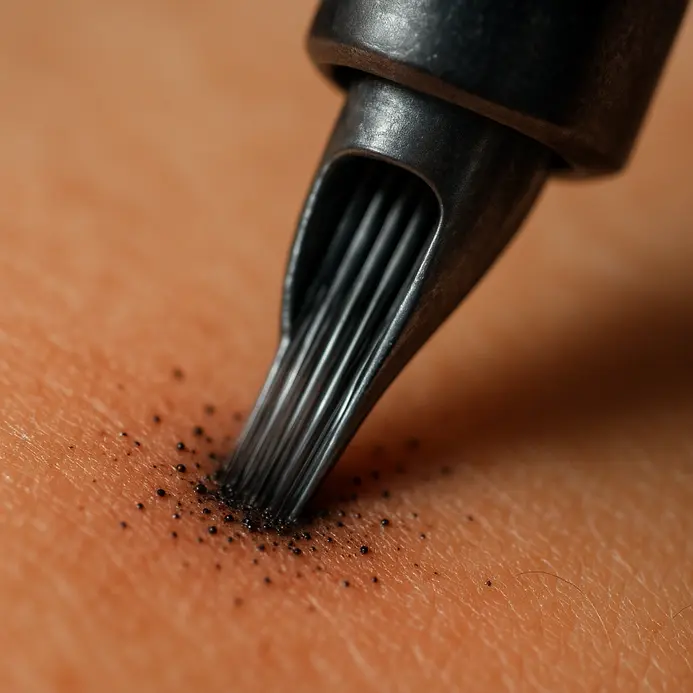 A person's hand rests near a buzzing tattoo machine on an artist's workstation.