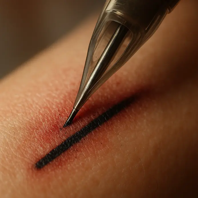 An artist tattoos a detailed design over the bony prominence of an ankle.