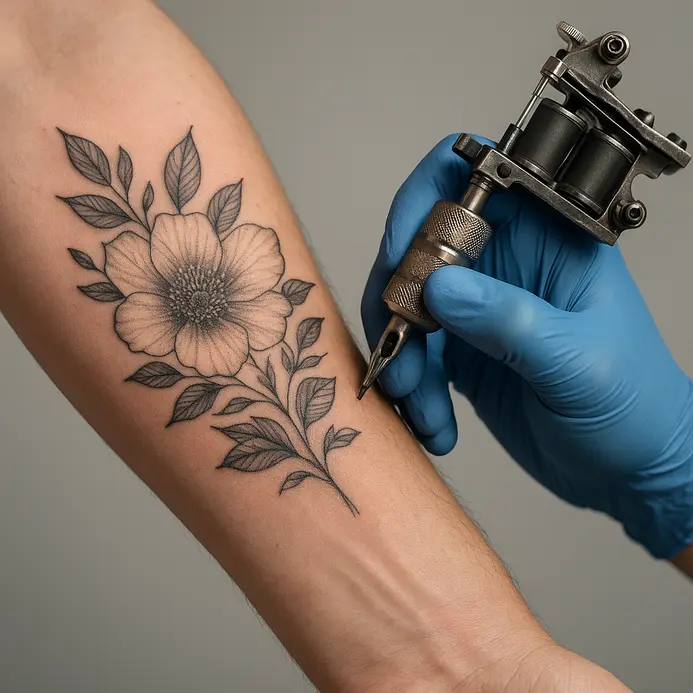 A tattoo is applied to the soft, muscular area of a person's upper arm.