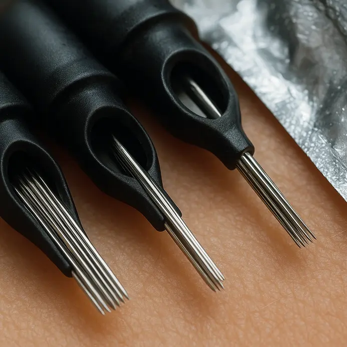 A selection of tattoo needle cartridges showing magnums, liners, and round shaders.