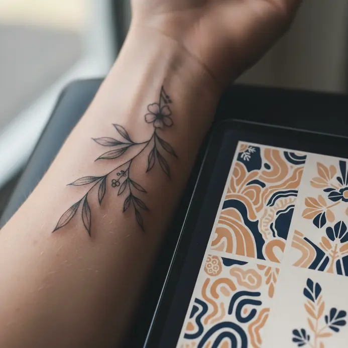Close-up of a hand holding a tablet displaying a tattoo artist's online portfolio with various detailed designs.