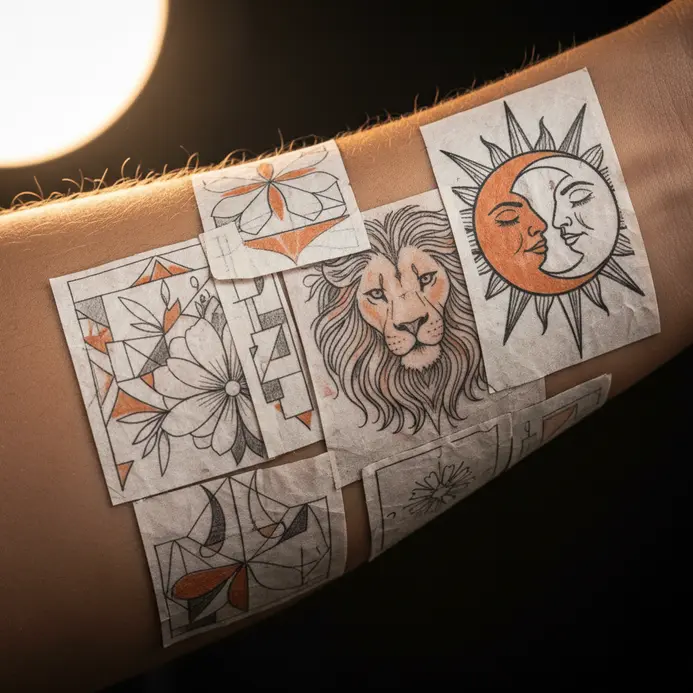A collection of printed reference photos, handwritten notes, and a simple sketch for a tattoo design laid out on a wooden surface.